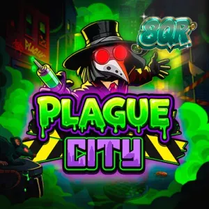 Tampilan visual slot Plague City dengan tema kota yang terinfeksi dan neon hijau